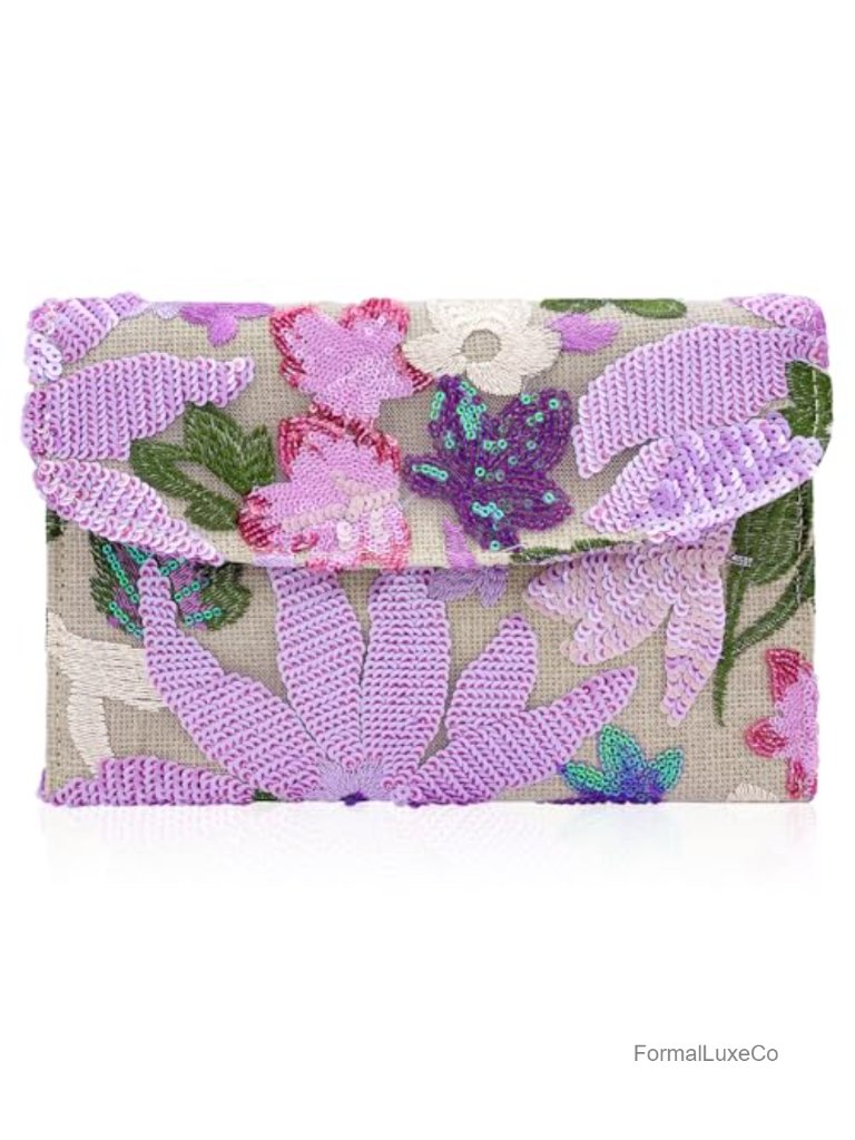 Embroidered Beaded Floral Evening Clutch Purse For Women | Slim Wedding Party